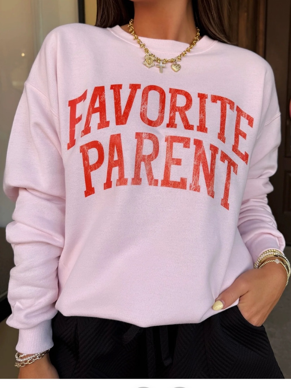 "Favorite Parent" Pink Graphic Sweatshirt Hanes